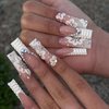 BABALAL Coffin Press on Nails Long Fake Nails White French Tip Glue on Nails Rhinestone Flower Acrylic Nails Ballerina Stick on Nails for Women and Girls
