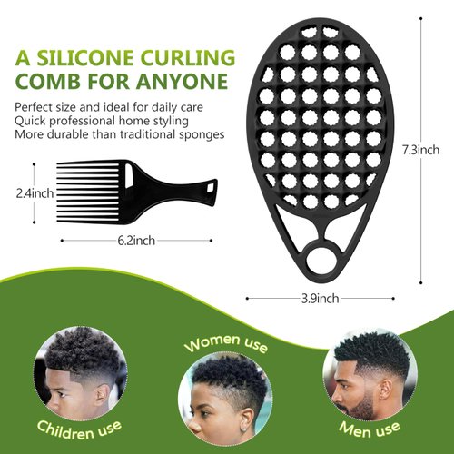 KOUPA Silicone Curly Hair Brush with Pick Comb, One Piece Twist Curl Comb for Afro Curls, Washable Hair Tool for Men Women, Black