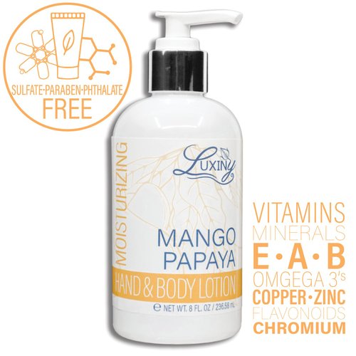 Daily Vegan Hand & Body Lotion for Dry Skin,Made with Jojoba Oil & Vitamin E, USA Made, Non Greasy Phthalate/Sulfate/Paraben Free & Cruelty-Free Formula, 8 oz (8 oz, Mango Papaya)