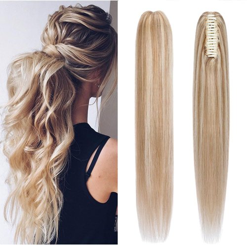 Rich Choices Claw Clip Ponytail Extension Human Hair Real Hair Ponytail Balayage Golden Brown Highlighted Bleach Blonde 18 Inch 115g One Piece Clip In Long Ponytail Hair Extension For Women #12P613