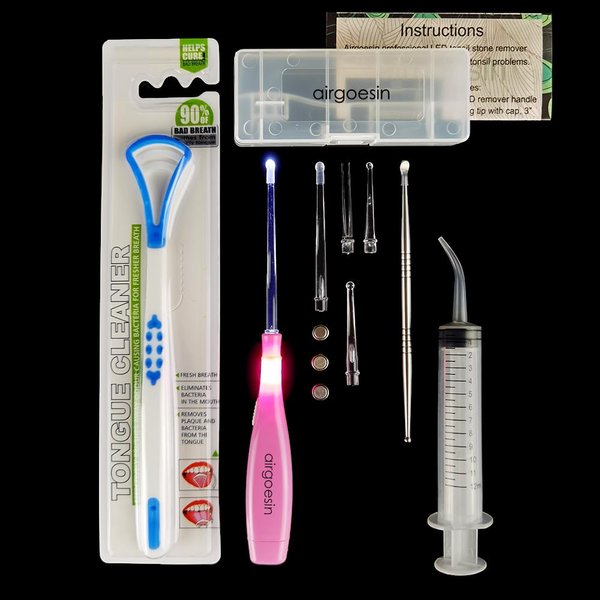 Airgoesin Professional Tonsil Stone Remover Tool LED Light (Pink) | Stainless Steel Tonsillolith Pick Oral Care | Irrigation Syringe | Tongue Cleaner Scraper