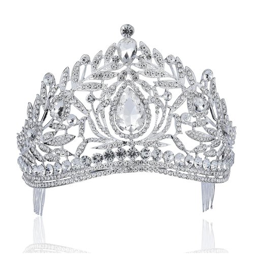 Janefashions Fantastic Clear White Austrian Crystal Rhinestone Tiara Crown Hair Combs Veil Headband Gold Silver Princess Queen Theater Headpiece Party Event Prom Pageant T1855 (Silver With Combs)