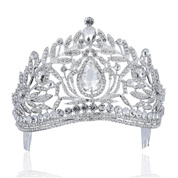 Janefashions Fantastic Clear White Austrian Crystal Rhinestone Tiara Crown Hair Combs Veil Headband Gold Silver Princess Queen Theater Headpiece Party Event Prom Pageant T1855 (Silver With Combs)