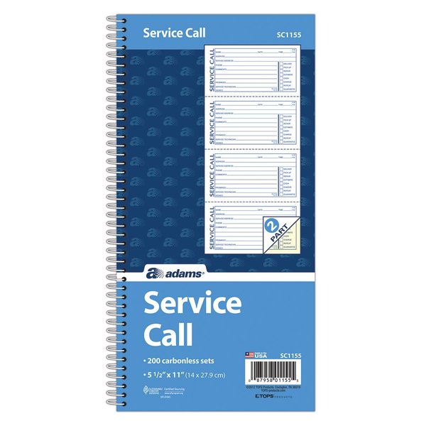 Adams Service Call Book, 5.25 x 11 Inch, Spiral Binding, 2-Part, Carbonless, 4 Messages per Page, 200 Sets, White and Canary (SC1155), White/Canary