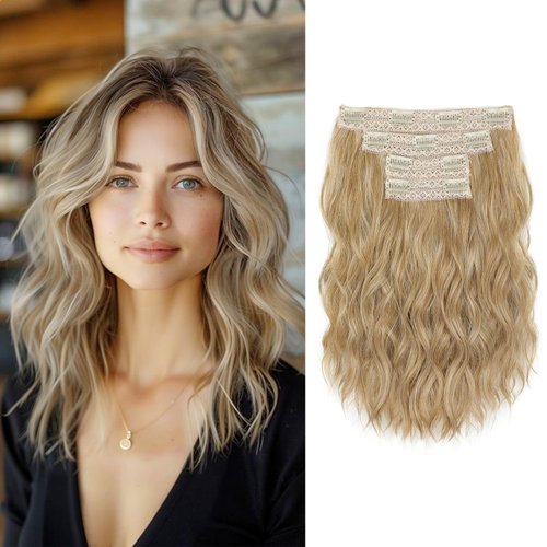 Hair Extensions, KUIRAN Clip in Hair Extensions 12" Short Curly Wavy Blonde Hair Extensions 4PCS Hair Extensions Invisible Lace Weft Natural Soft Hairpieces for Women - Medium Golden Blonde