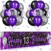 Purple 13th Birthday Decorations for Girls, Black Purple Silver Happy 13th Birthday Yard Banner and 24pcs 13th Birthday Balloons for 13th Birthday Anniversary Party Supplies Indoor Outdoor Decor
