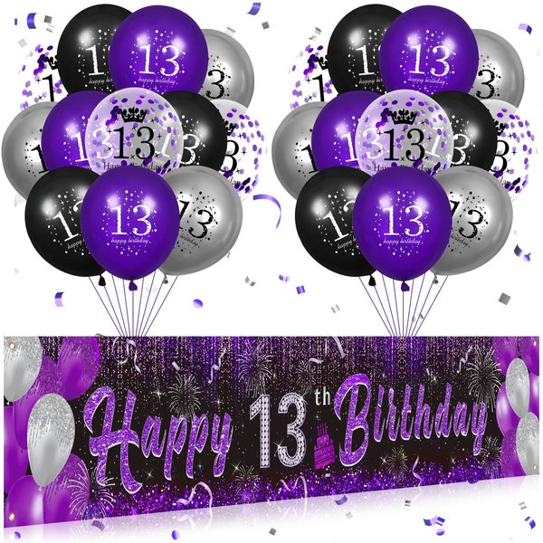 Purple 13th Birthday Decorations for Girls, Black Purple Silver Happy 13th Birthday Yard Banner and 24pcs 13th Birthday Balloons for 13th Birthday Anniversary Party Supplies Indoor Outdoor Decor
