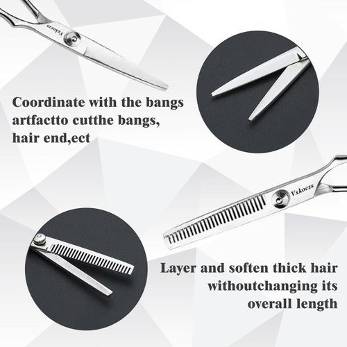 VXKOCZS Professional Hair Scissors Set include Barber Scissors and Thinning Shears,hair cutting scissors, ergonomic blades, hair cutting shears for men, women, children and pets (6 PCS)