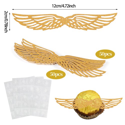 CCINEE 50 Pcs Gold Glitter Wings Wizard Chocolate Decoration Cupcake Toppers Hollowed Golden Wings Wafer with Glue Point Dots for Themed Party Birthday Cake Wedding