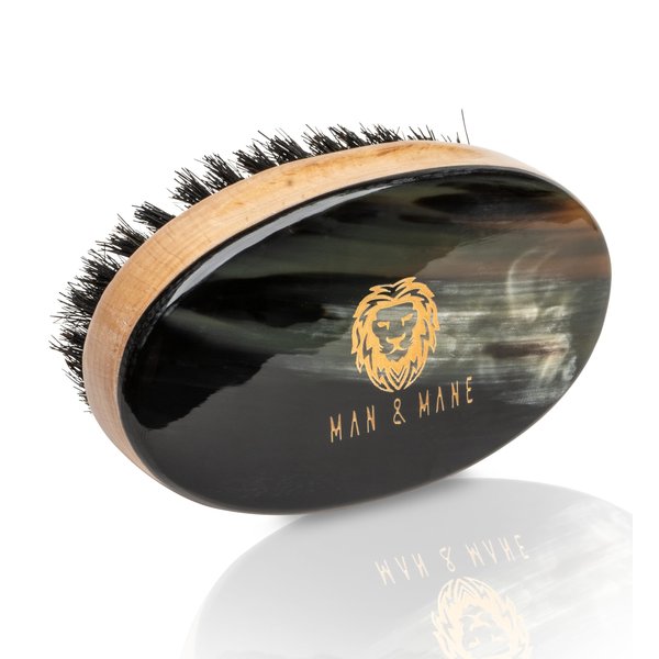 Man & Mane Premium Handmade Oxhorn Military Style Medium Stiff Natural Boar Bristle Men’s Hair Brush for Facial Hair & Beard Care