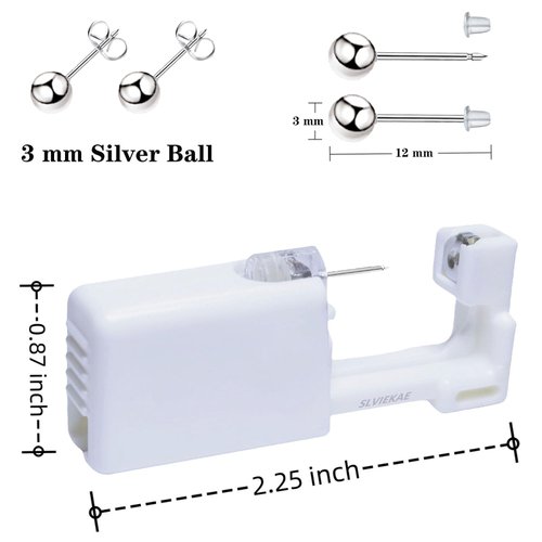 Ear Piercing Kits Disposable Ear Piercing Gun Kits No Pain Easy Use Ear Piercing Gun Kit Tool with Multi-Sized Gold Silver CZ Earring Studs (Silver)