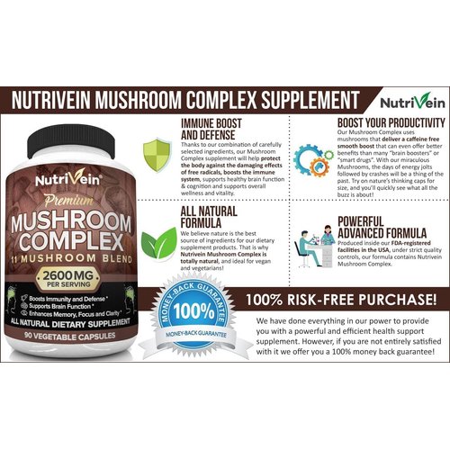 Nutrivein Mushroom Supplement - 2600mg - 90 Capsules - 11 Organic Mushrooms - Lions Mane, Cordyceps, Chaga, Reishi, Turkey Tail, Maitake, Shiitake, Agaricus, White Button, Oyster - Nootropic Complex