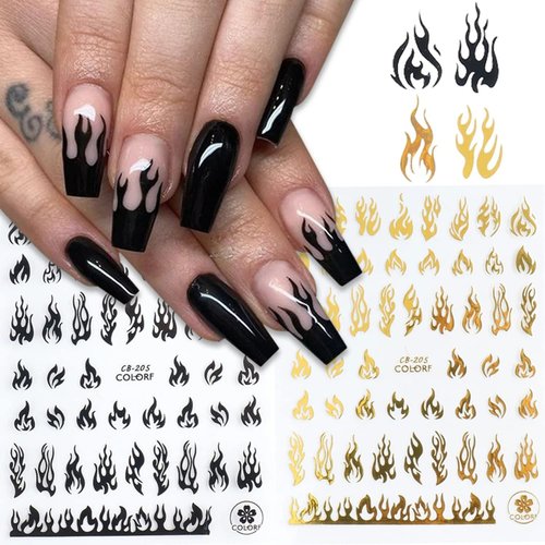 10 Sheets Nail Art Stickers Decals Gold Black Nail Art Decals Bee Butterfly Flame Designs Nail Decals 3D Self-Adhesive Nail Stickers Supplies for Women Girls DIY Manicure Decoration Accessories