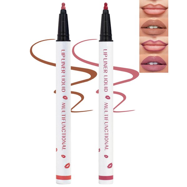 Lip Stain Marker Pen,2 Colors Nude Brown Pink Lip Liner Pencil,Matte Lip Tint Stain Liquid Lipstick,Longlasting Waterproof Precise Chisel Tip Smooth Lipliner,Natural Lip Makeup Gift for Women-05+07
