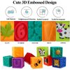 Kingtree Baby Blocks, 9PCS Soft Squeeze Building Blocks Stacking Toys for 6+ Months Babies, Baby Teething Chewing Educational Blocks Set with Numbers Animals Shapes Textures