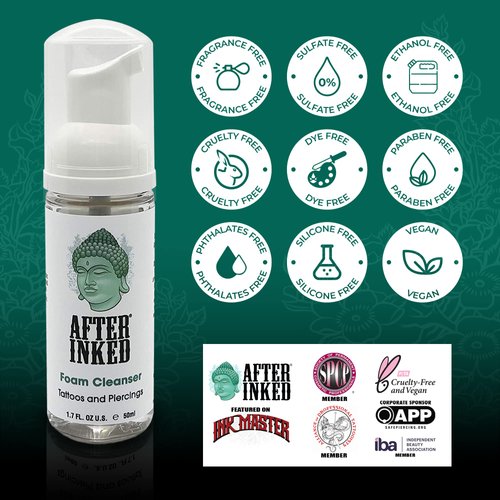 After Inked Tattoo & Piercing Aftercare Foam Cleanser - Quality Wash Soap Cleanser for Tattoos, Body Modifications and Piercings including Ear, Nose and Belly Button Foam Bottle, 1.7 oz