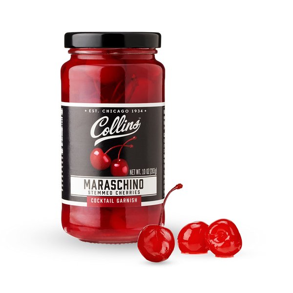 Collins Stemmed Maraschino Cocktail Cherries - Royal Anne Cherries Garnish for Cocktails, Manhattan and Old Fashioned Mix, 10oz Black