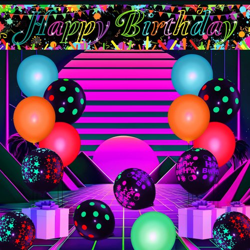 Neon Birthday Decorations Glow Neon Birthday Party Banner Yard Sign and 20Pcs Glow in The Dark Birthday Balloons (Under Uv Blacklight Reactive) Colorful Graffiti Black Light Party Supplies for Yard