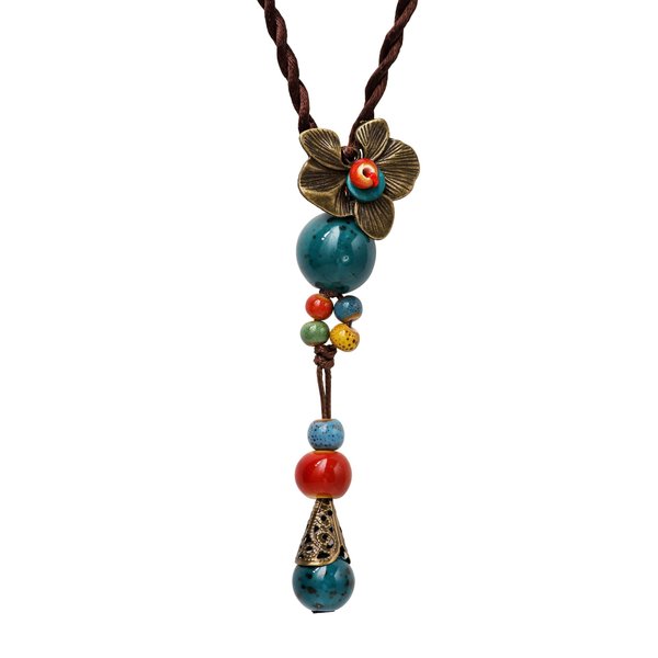 MINACHI Bohemian Flower Colorful Ceramic Beads Lariat Necklace, Tricolor Beaded Jewelry, Gifts for Women (2)