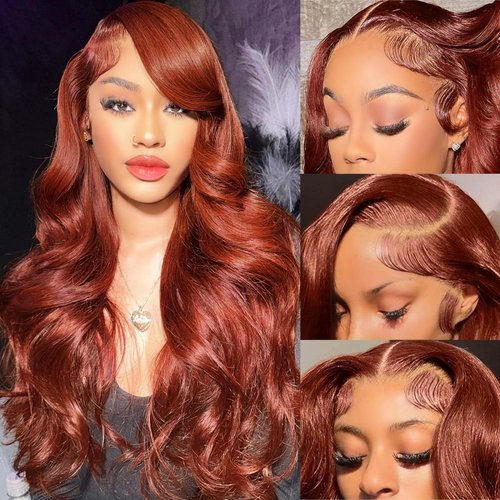 AILICEEHR 26 Inch 13x6 Reddish Brown Body Wave HD Transparent Lace Front Wigs Human Hair Auburn Colored Body Wave Lace Frontal Wigs Pre Plucked with Baby Hair For Black Women 180% Density