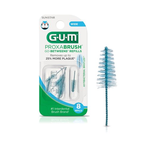 GUM Proxabrush Go-Betweens Refills - Wide - Compatible with GUM Permanent Handle - Reusable Interdental Brushes - Soft Bristled Dental Picks, 8ct