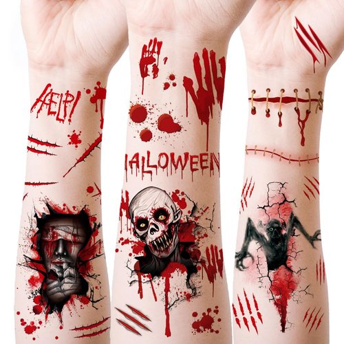 12-Pack Halloween Temporary Tattoos - 2.9 x 4.7 Inch Skulls, Scars, Ghosts, Spiders, Eyeballs, Bloodstains, Nails Design - Perfect for Kids & Adults Halloween Party Cosplay