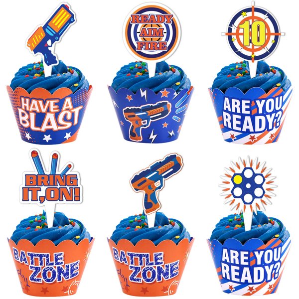 Cracoo Dart War Party Cupcake Toppers Wrappers Kids Birthday Gun Picks Target Bullet Dart War Party Supplies Decoration -48 Piece