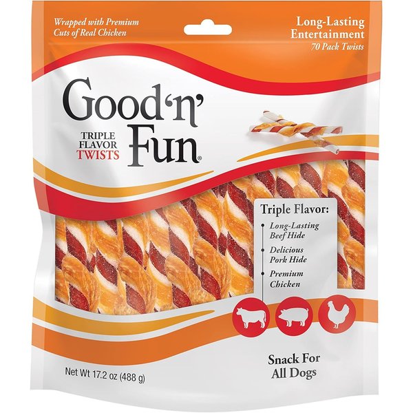 Good 'N' Fun Triple Flavor Twist Rawhide Treats For Dogs, 70 count