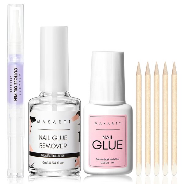 Makartt Nail Glue Kit with Brush on Nail Glue 7ML, Glue Remover for Press on Nails 10ML,5ML Cuticle Oil,5 Wooden Sticks Tools,All in One Nail Art Supplies for Glue on Nails Kit