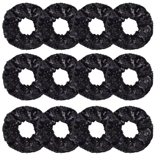 12 Pcs Sparkle Sequins Scrunchies Cheer Hair Scrunchies For Thick Hair School Performance Scrunchy Sports Ponytail Holder Wrist for Girls Cosplay Show (Black)