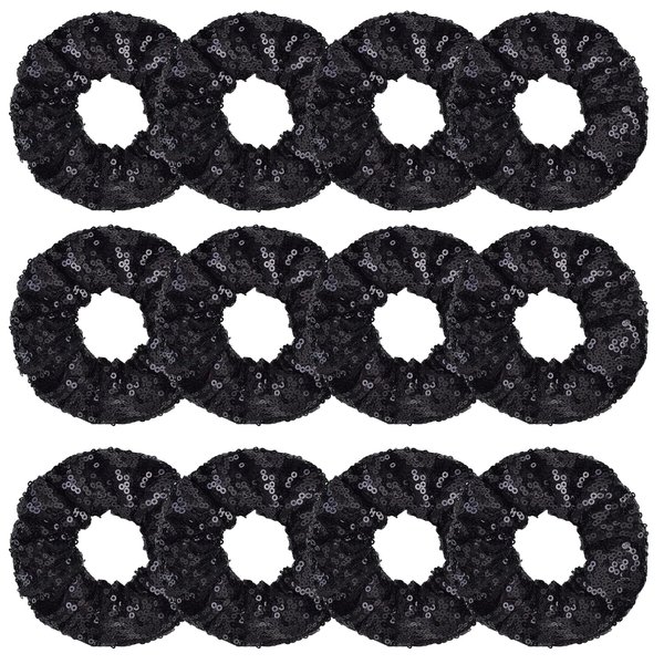 12 Pcs Sparkle Sequins Scrunchies Cheer Hair Scrunchies For Thick Hair School Performance Scrunchy Sports Ponytail Holder Wrist for Girls Cosplay Show (Black)