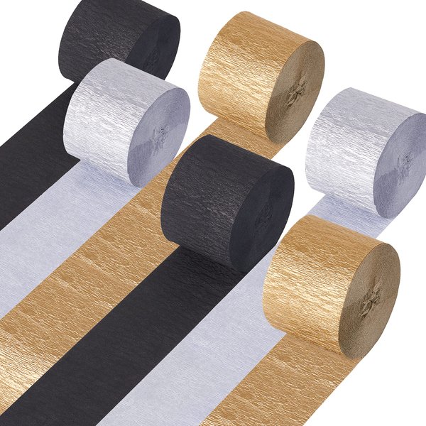 Black and Gold Streamers, 6 Rolls 492 Ft Gold Black Silver Crepe Paper Party Streamers Tassels Backdrop Party Supplies for Halloween Bachelorette Party Bridal Shower Wedding Birthday, 82 Ft/Roll