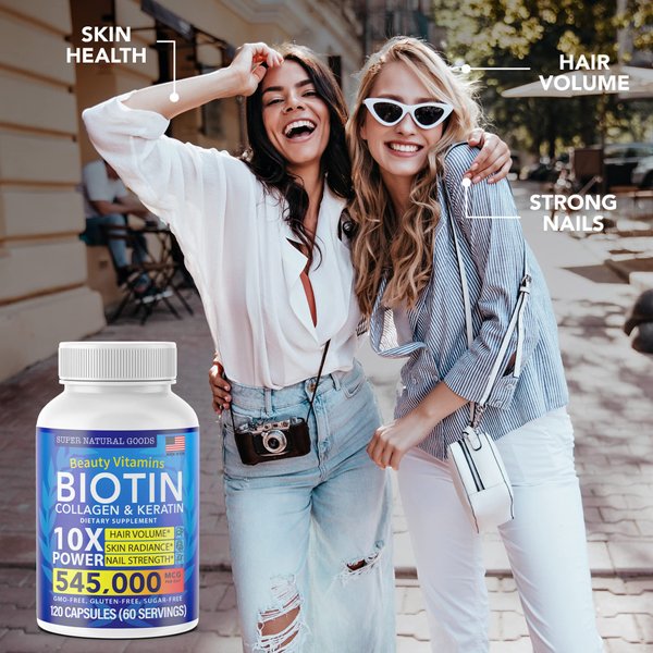 Biotin and Collagen Vitamins + Keratin with Folate - Hair Loss Treatments for Women & Men - Hair, Skin and Nails Supplements for Hair Growth & Postpartum Support - GMO Free & Gluten Free (60 Caps)