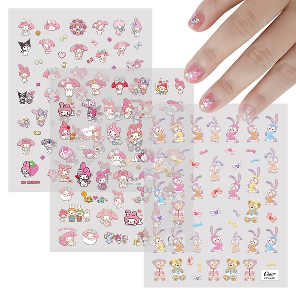 Cute Cartoon Nail Art Stickers Decals 5D Embossed Kawaii Anime Nail Sticker Strong Self-Adhesive Cartoon Rabbit Nail Art Accessories for Girls Women Nail Decals 3 Sheets (Cartoon Stickers)
