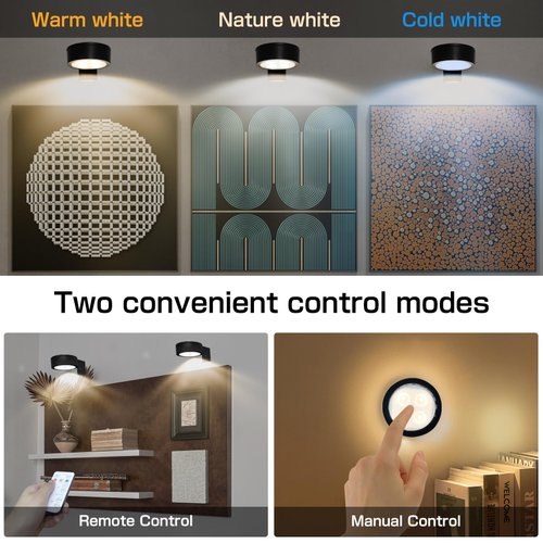 2-Pack Picture Light for Paintings Battery Operated Art Light with Remotes,3 Lighting Display Light,Magnetic Dimmable and Timer Wall Light for Picture Artworking Frame Portrait,LED Puck Lights-Black