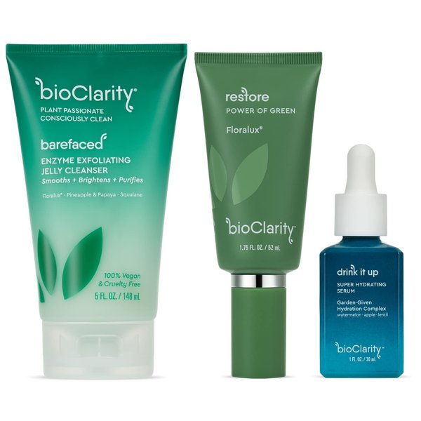 BioClarity Get Even Routine | 3 Steps to Even, Balanced Skin | Exfoliate, Clean, Brigthten, Hydrate Skin | All Skin Types | With Pineapple, Papaya, Watermelon, Lentil |100% Vegan, Clean Ingredients