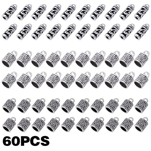 60pcs Antique Silver Cord End Caps Tibetan Alloy Flower Patterns Glue-in Tassel Leather End Caps Buckle Tips Accessories for DIY Craft Necklace Bracelet Jewelry Making, 3 Styles