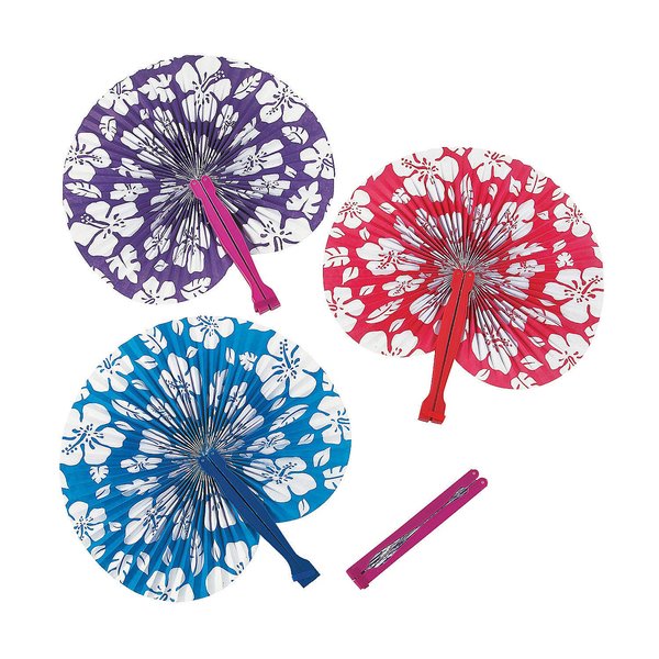 Fun Express - Paper Hibiscus Print Folding Fans for Summer - Party Supplies - Favors - Fans - Summer - 12 Pieces