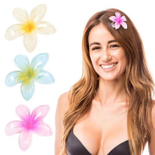 Melyde Small Flower Hair Clips 2.75 Inch Hawaiian Beach Hair Clips 3Pcs Summer Vacation Hair Accessories for Kids Girls Women, Red&Green&Yellow