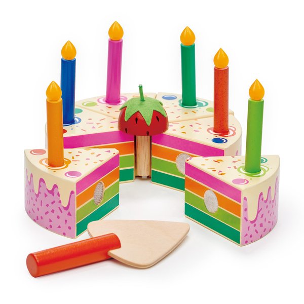 Tender Leaf Toys - Rainbow Birthday Cake - Pretend Play Food Toy with Candles and Server, Birthday Party decoration or gift for kids - Develops Social Skills and Imaginative Play for Children - Age 3+