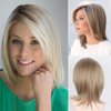 SCENTW Straight Blonde Bob Wigs for White Women Medium Length Ombre Brown Wig with Bangs Synthetic Blonde Wig with Dark Roots Natural Looking Daily Party Use