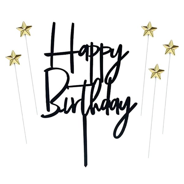 ZHENGYE Set of 1 Black Acrylic Happy birthday Cake Topper And 5 pcs glod Star Cupcake Topper Cake Decoration Supplies for Baby Shower Birthday Decorations(Black 15)