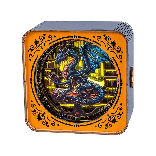 WOODBESTS Wooden Puzzles 3D Nightlight(Library's Dragon) DIY Wooden Puzzles for Adults-3D Wooden Puzzle Night Light for Seniors-Exquisite Desk Decor for DIY Puzzle Lovers