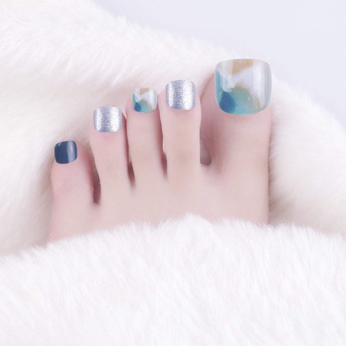 SIUSIO 96Pcs Fake Toe Nails Press on Colorful Square Acrylic Full Cover UV Top Coat for Toenail Salons and DIY Covered Gel Short False Nails Foot Art Tips Sets for Women and Girls(Sea & Sky)