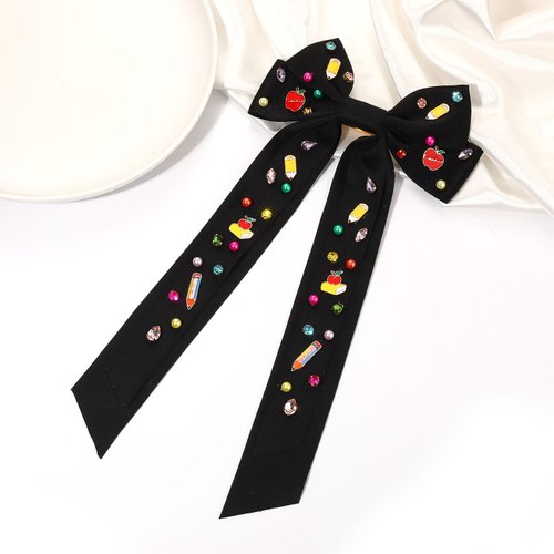Vokone Teacher Hair Bows for Women Teacher Pencil Book Hair Bow Clips Jeweled Satin Ribbon Bow Barrette Hair Clip Back to School Accessories Teacher Appreciation Gifts Black