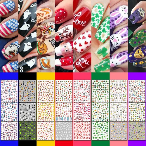 IDDFEVE 30 Sheets 8 Holiday Nail Art Stickers, Variety Pack All Season Nail Decals for All Year, Self-Adhesive Pegatinas Uñas 4th of July Halloween Fall Christmas Valentine St. Patrick's