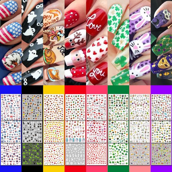 IDDFEVE 30 Sheets 8 Holiday Nail Art Stickers, Variety Pack All Season Nail Decals for All Year, Self-Adhesive Pegatinas Uñas 4th of July Halloween Fall Christmas Valentine St. Patrick's