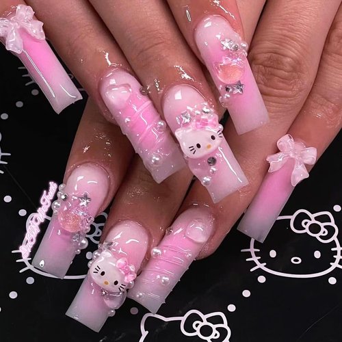 Nail Apparel Y2K Long Coffin Cute Kawaii Press on Nails 3D Cartoon Pink Glitter Rhinestone Heart Pearl Bow Long Ballet Trapezoid Fake Nails 24Pcs (Jelly Pink Kitty 3D Heart)