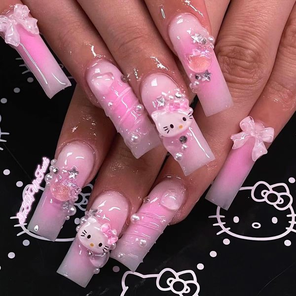 Nail Apparel Y2K Long Coffin Cute Kawaii Press on Nails 3D Cartoon Pink Glitter Rhinestone Heart Pearl Bow Long Ballet Trapezoid Fake Nails 24Pcs (Jelly Pink Kitty 3D Heart)