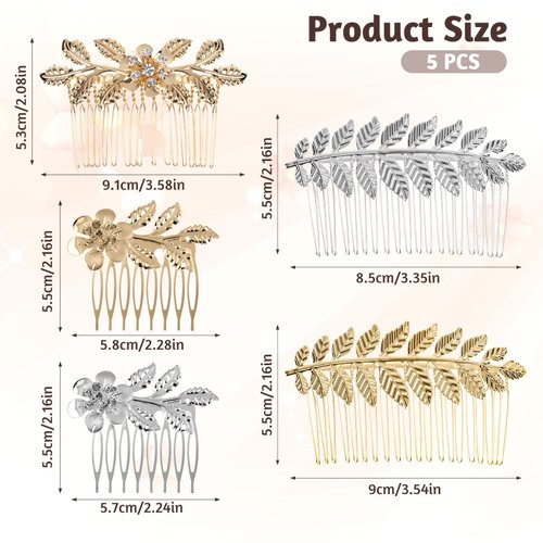 5PCS Leaf Hair Combs for Women Accessories Gold Silver Rhinestone Hair Comb Clips with Teeth Combs for Wedding Metal Decorative French Twist Slide Comb for Bride Bridesmaid Christma Parties Prom Dance